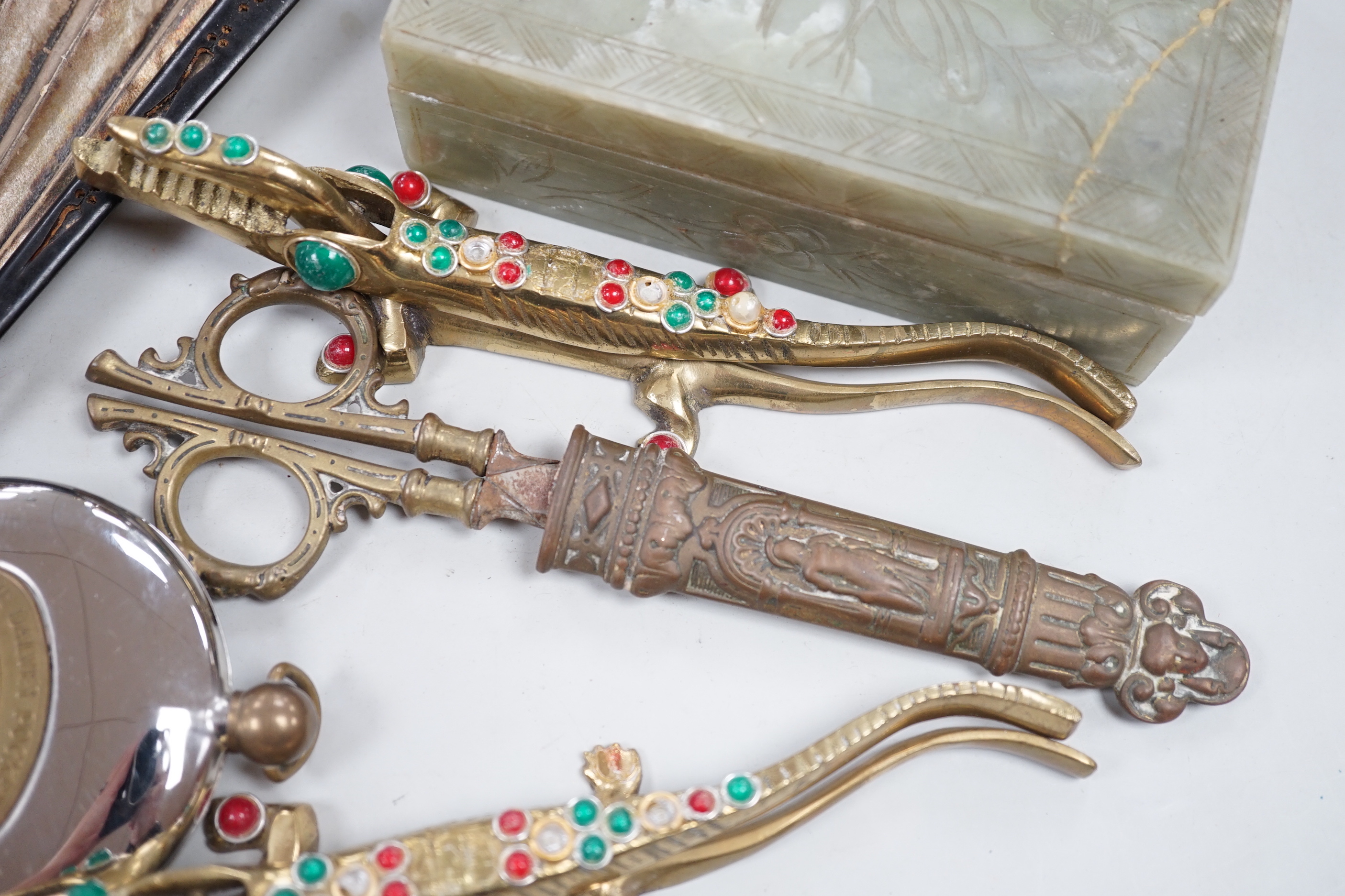 A collection of various collectables to include a George V silver mounted onyx cigarette box, a pair of gilt carved wall brackets, boxes etc.